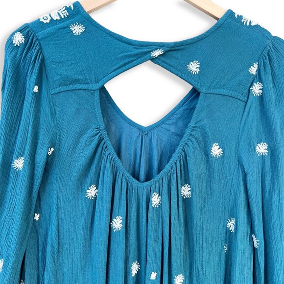 Free People | Sweet Tennessee Babydoll Long Sleeve Embroidered Dress in Teal | S - Picture 8 of 15